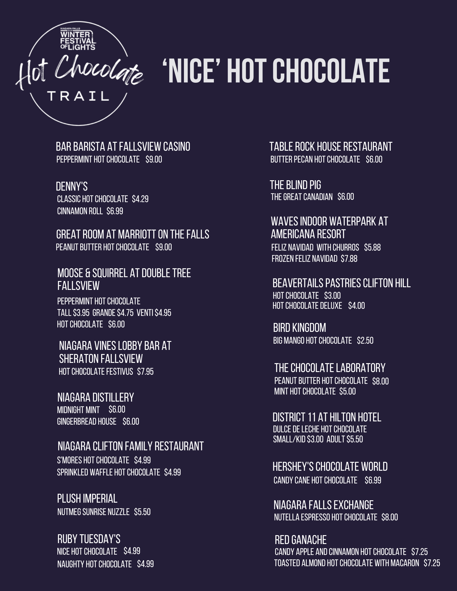 Nice Hot Chocolate Menu - does not contain alcohol